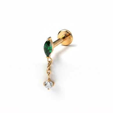 Titanium labret with emerald colored stone and dangle