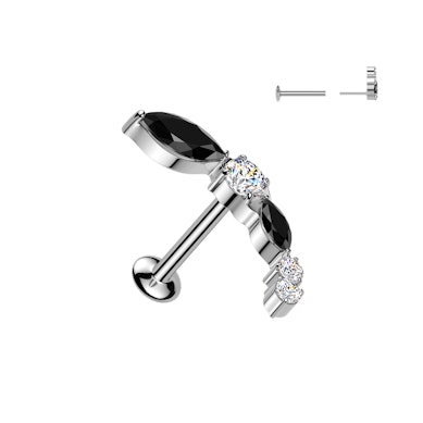 Curved labret with black and clear stones