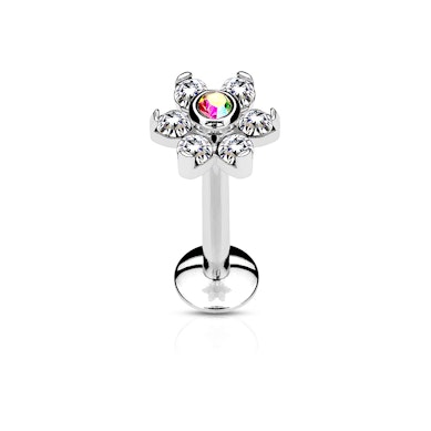 Labret with internally threaded post and top flower charm