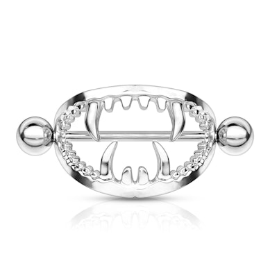 Nipple shield with mouth and fangs