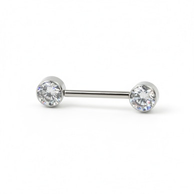 Nipple barbell made of titanium with threadless push-in bezel set stones