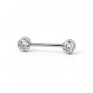 Nipple barbell made of titanium with threadless push-in bezel set stones