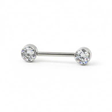 Nipple barbell made of titanium with threadless push-in bezel set stones