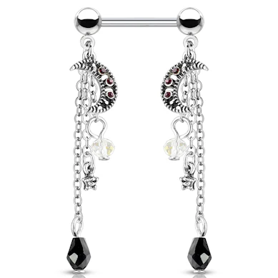 Nipple piercing with stars and moons on pendants