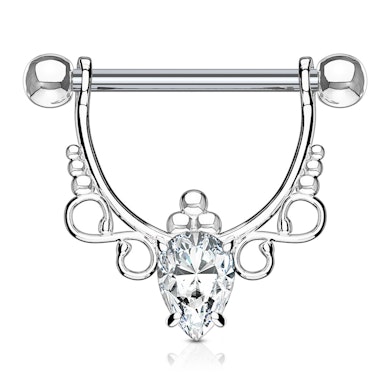 Nipple shield with a filigree design and a pear-shaped stone