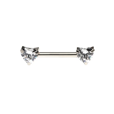 Titanium nipple barbell with heart shaped CZ stones