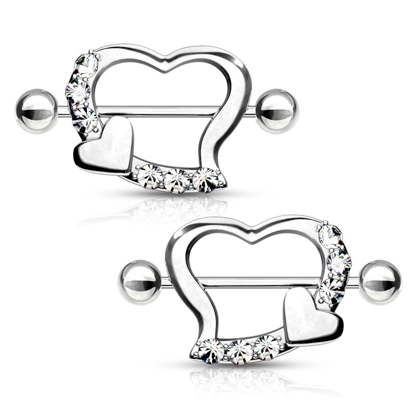 Pair of nipple shields with heart shape and stone channel-Transparent Body Piercing