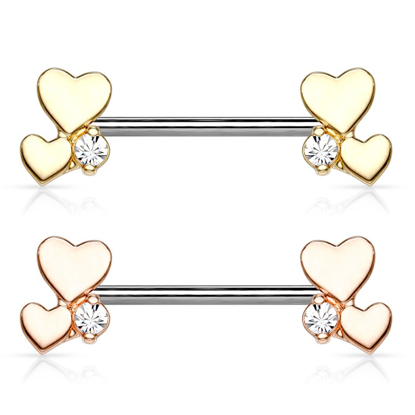 Nipple barbell with two hearts and gem Piercing