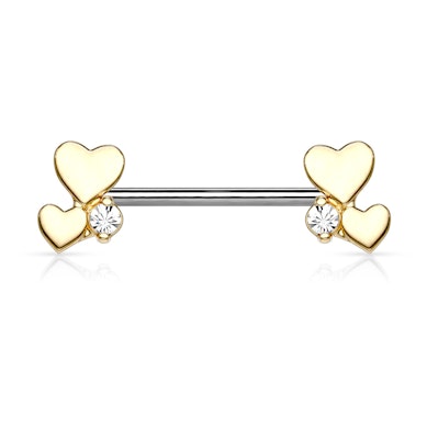 Nipple barbell with two hearts and gem
