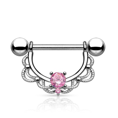 Nipple barbell with filigree and stones.