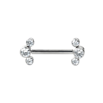 Threadless nipple barbell with 3 CZ bezel set ends