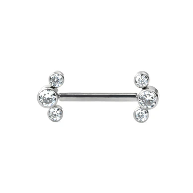 Threadless nipple barbell with 3 CZ bezel set ends