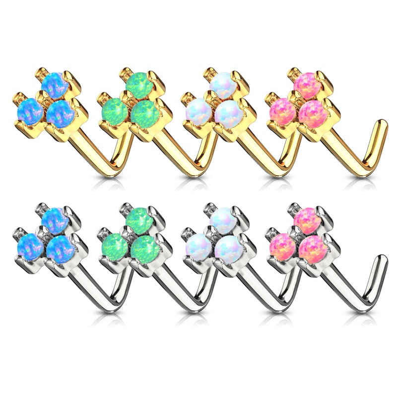 Nose ring L-shaped made of 14k gold with three opals Piercing
