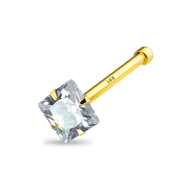 Nose stud made of 14k gold with square stone. Piercing Jewelry