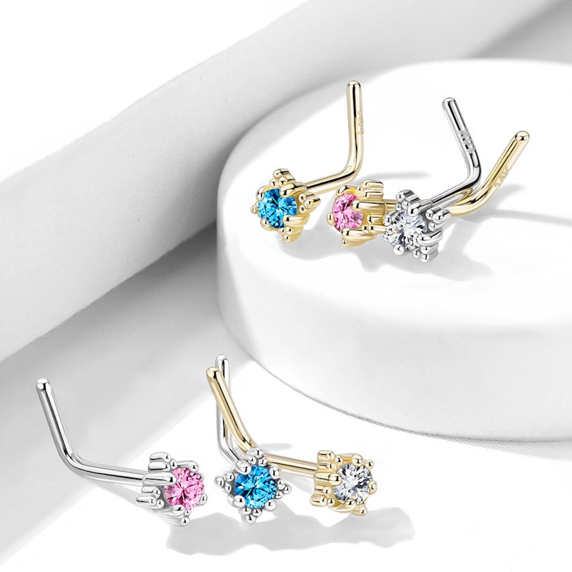 Nose ring made of 14k gold with jeweled square base Body Jewelry