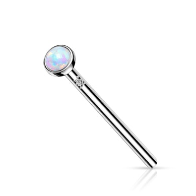 Fishtail nose stud made of 14k gold with bezel set opal stone