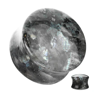 Double flared plug in natural black labradorite