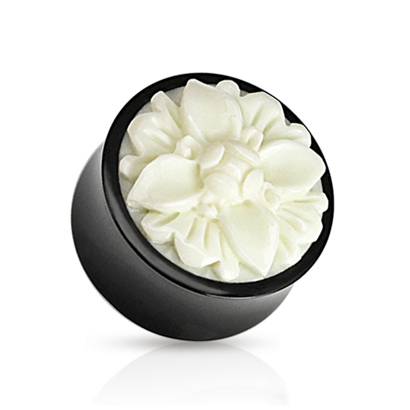 Plug made of horn with hand-carved bone four-leaf flower Piercing Jewelry