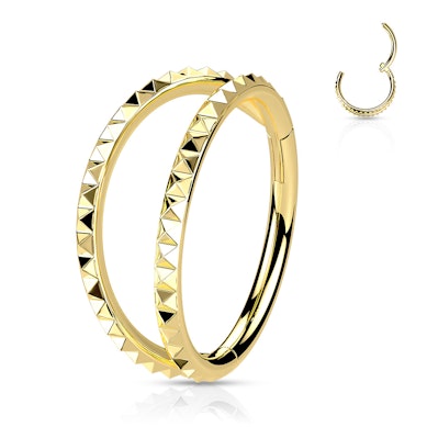 Hinged segment ring with a double hoop with pyramid cut design
