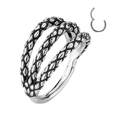 Triple hooped hinged ring with snakeskin design