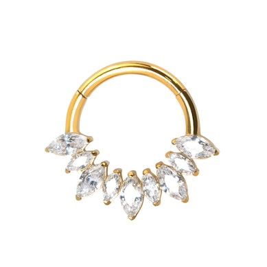 Hinged titanium ring with forward facing marquise stones