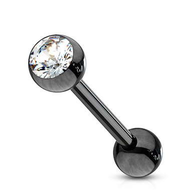 Tongue barbell in black color with colored gem