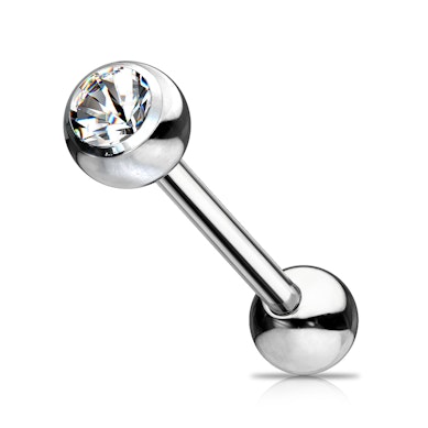 Tongue barbell made of titanium with bezel-set gem