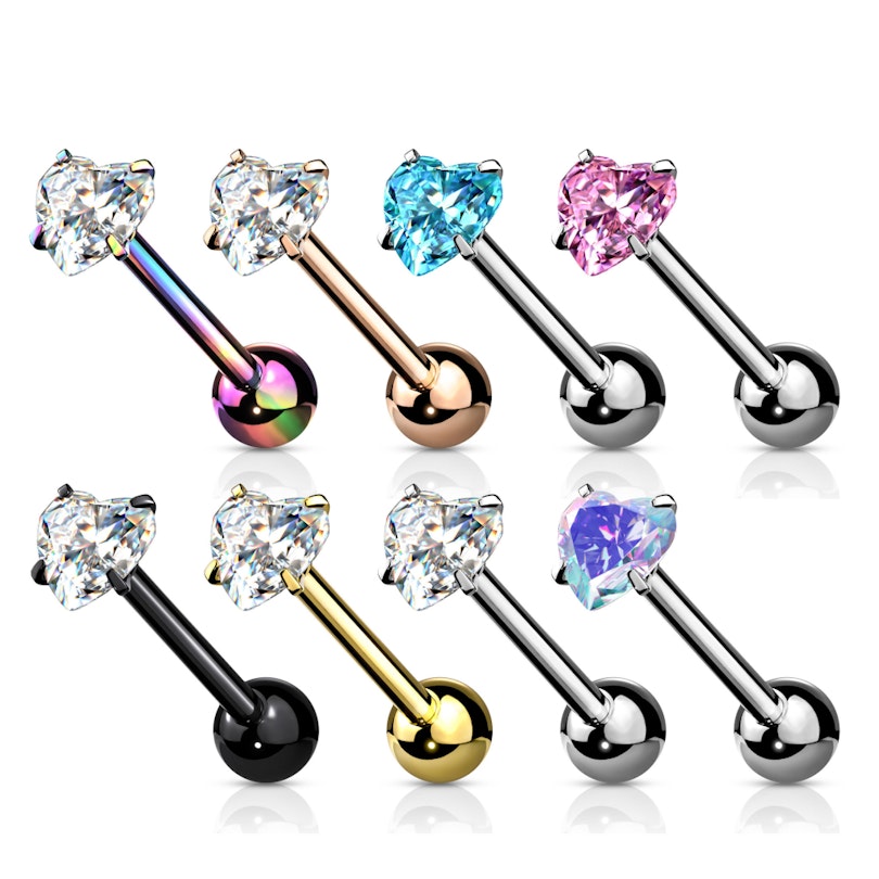 Tongue barbell with prong set heart stone Piercing