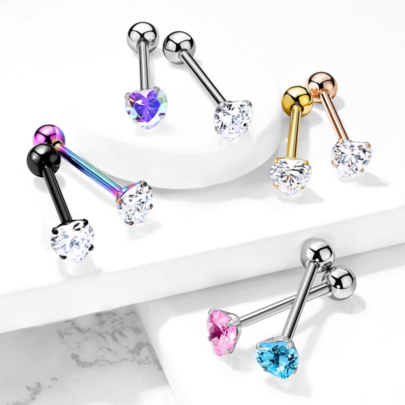 Tongue barbell with prong set heart stone Piercing Jewelry