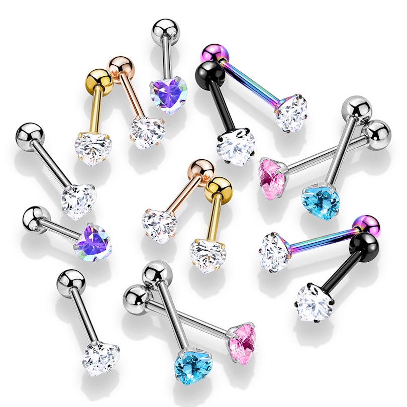 Tongue barbell with prong set heart stone Piercing
