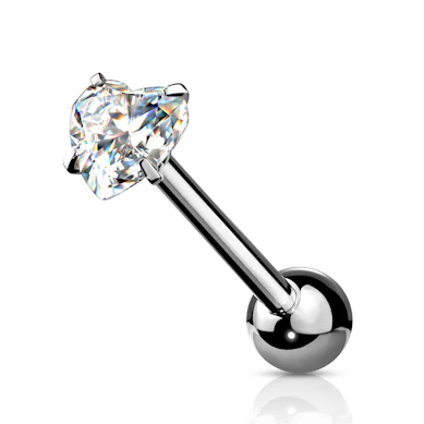 Tongue barbell with prong set heart stone