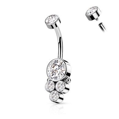 Titanium belly button ring with internal threading and round cluster stones