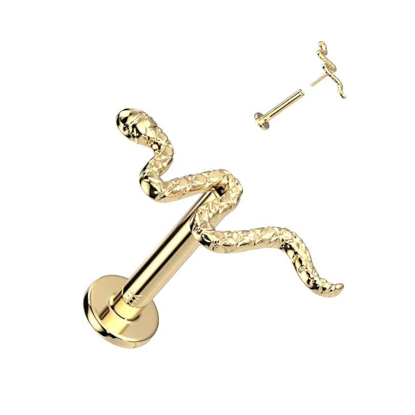 Push-in labret made of 14K gold with detailed snake Piercings