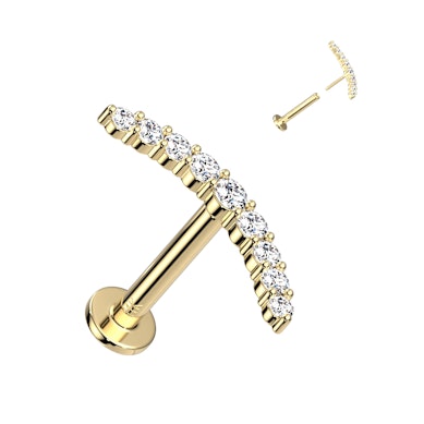 14K gold push-in labret with CZ stone arch