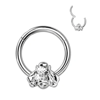 Hinged ring made of titanium with a front-facing bee