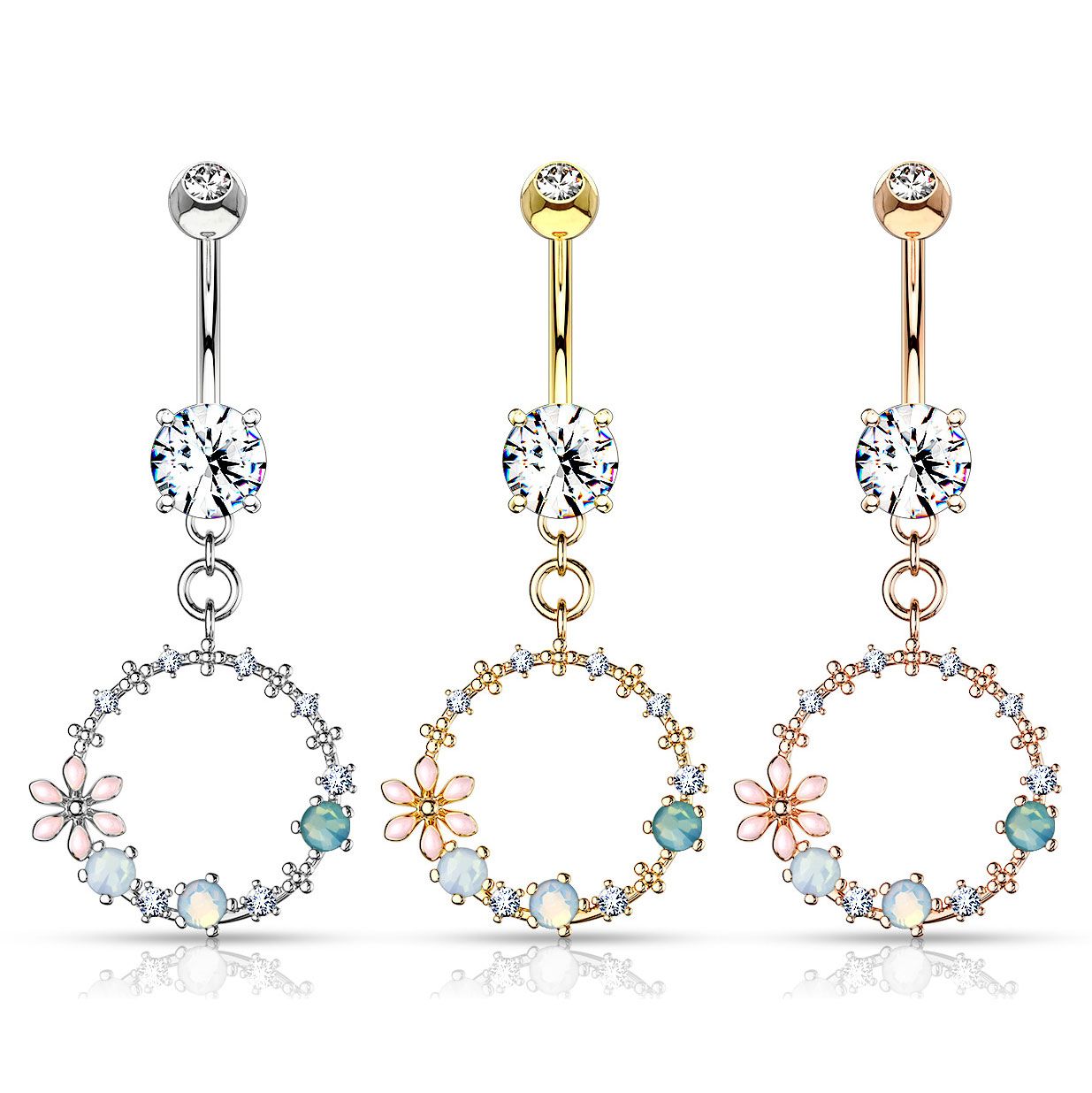 Studded belly ring in surgical steel with circle dangle and opalites