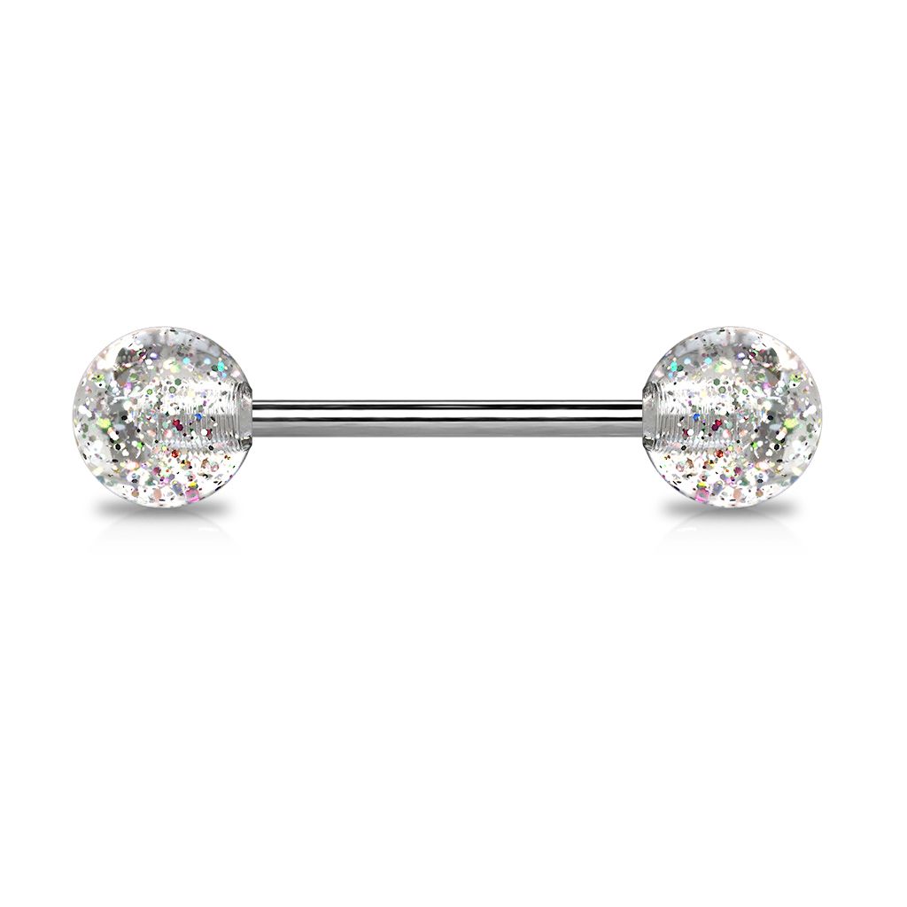 Beautiful tongue barbell made of titanium with glitter balls