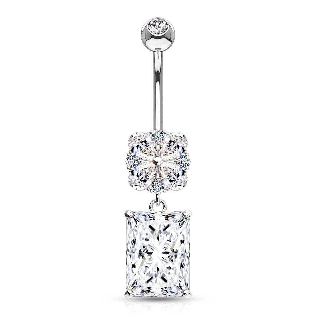 Precious 14k gold belly ring with Asscher cut gem dangle