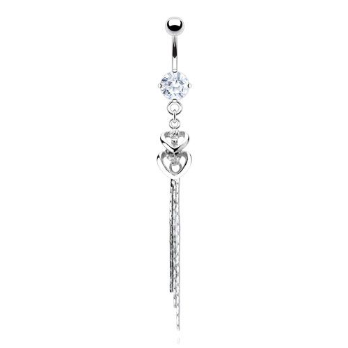 Belly button ring with double heart pendants and stones