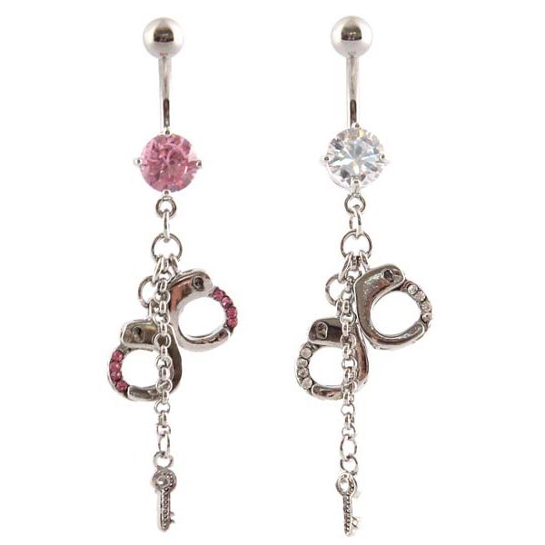 Fantastic belly ring with a large stone handcuffs and a key