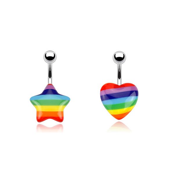 Belly button ring with multicolored heart or star