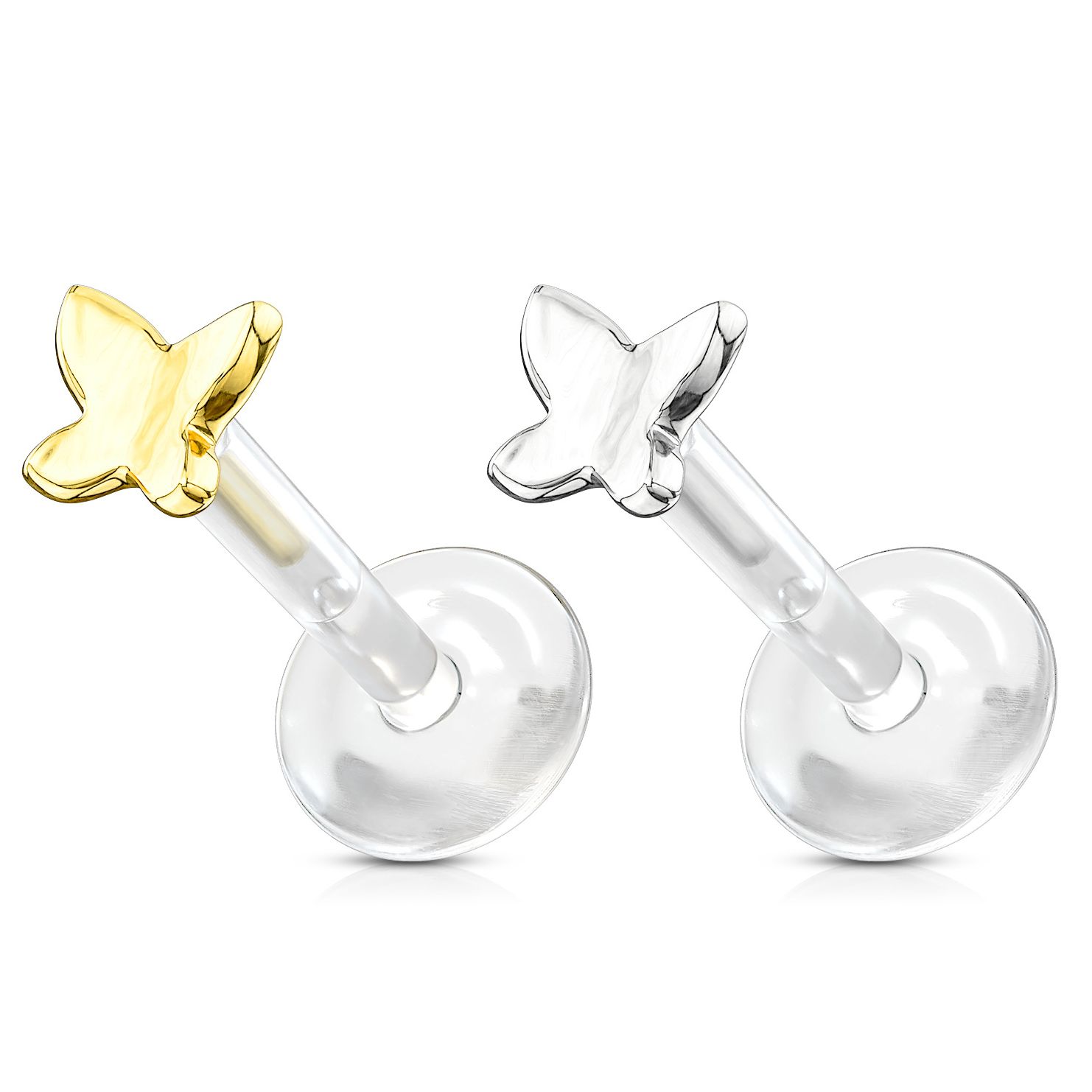 Butterfly labret made of 14k gold with PTFE shaft