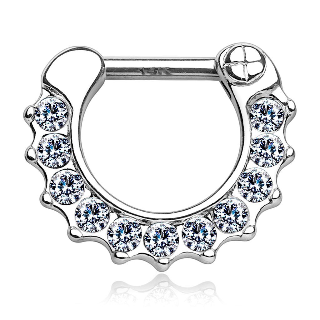 Beautiful septum clicker made of 14 karat gold with a studded edge