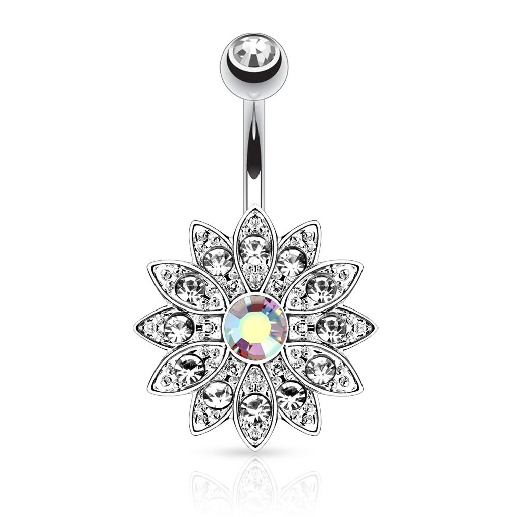 Adorable belly button ring with a large flower and many beautiful gems