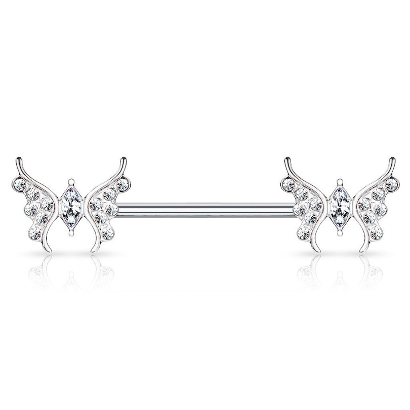 Nipple barbell with butterflies and gemstones