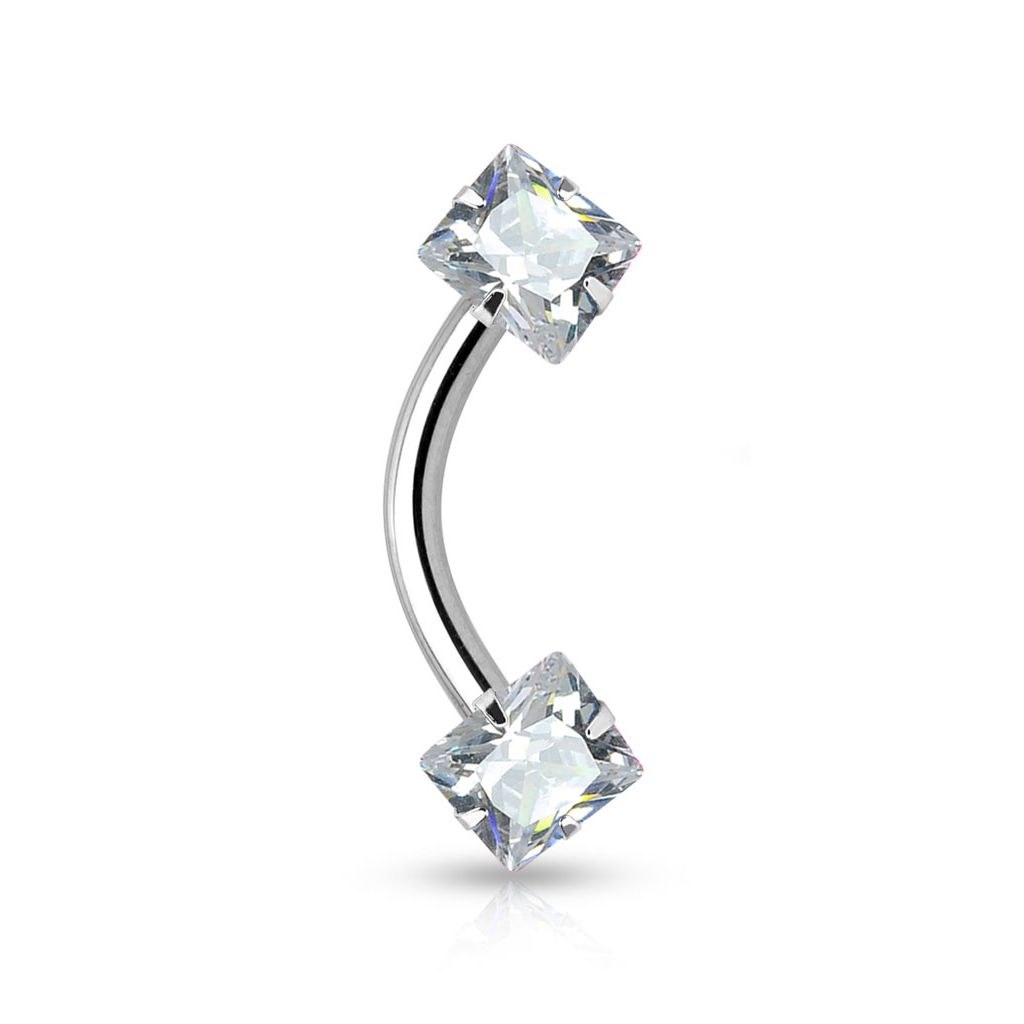 Beautiful curved barbell internally threaded with square gems on