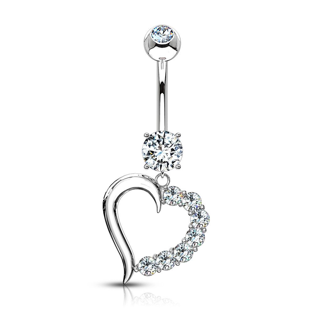 Elegant 14k gold belly ring with a studded heart dangle