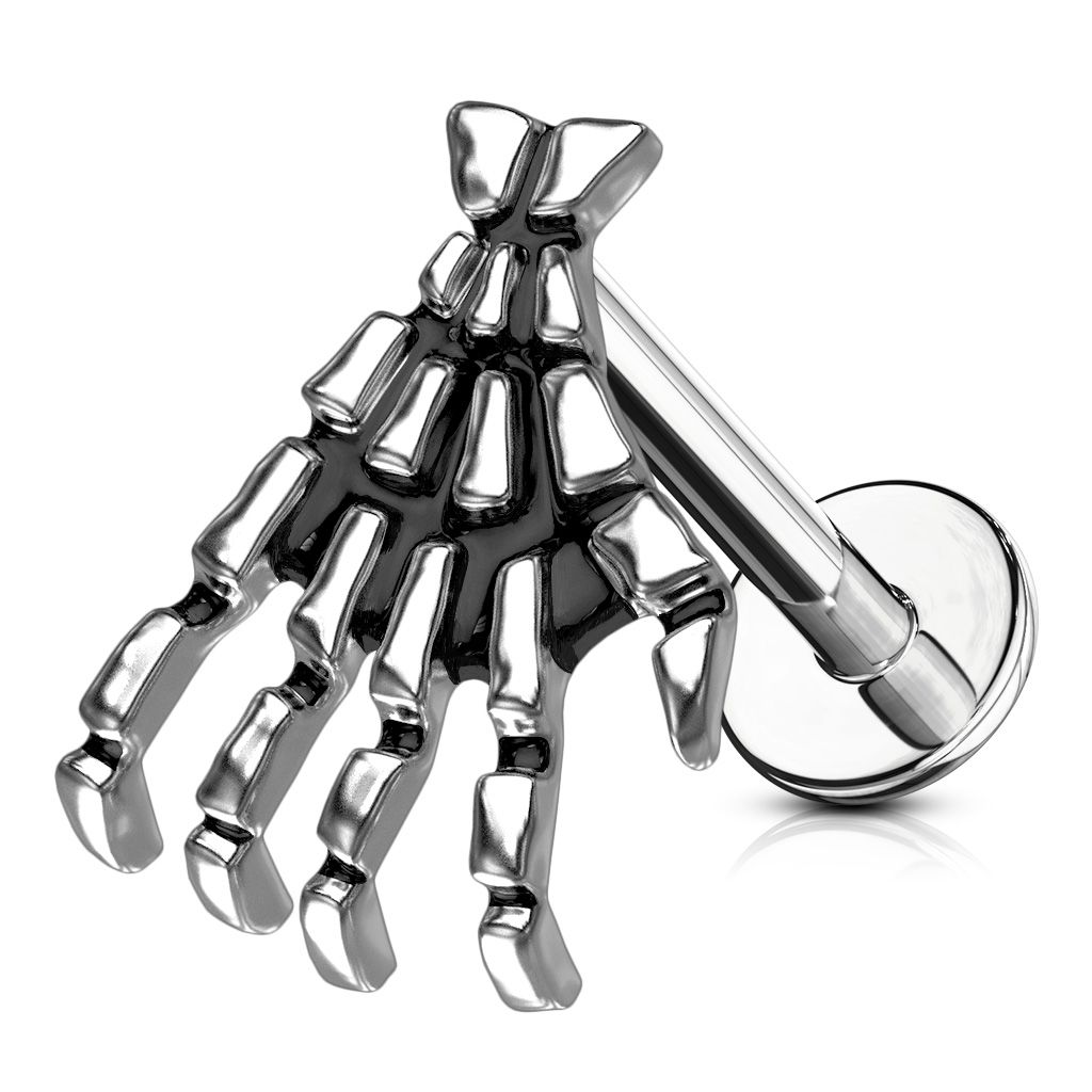 Skeleton hand on a labret Use it in the ear or lip piercing