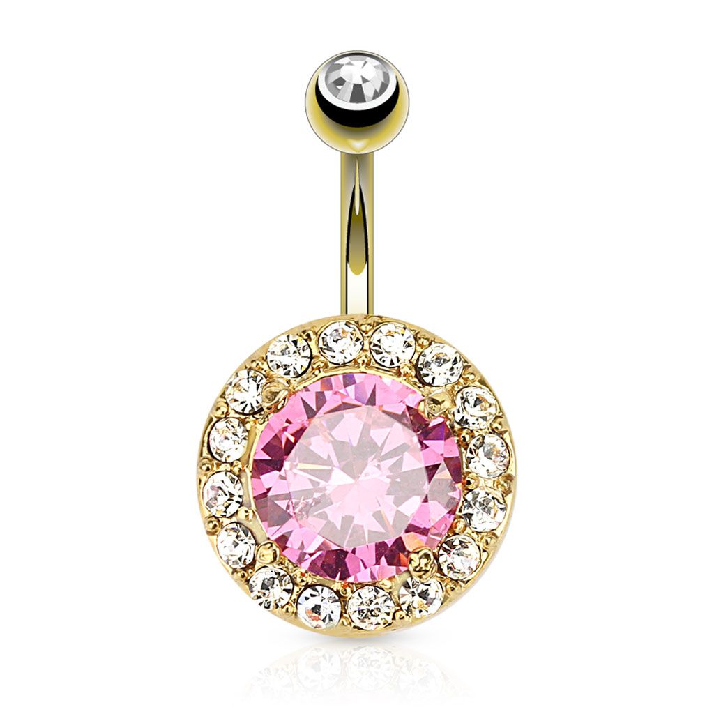 Belly button ring gold plated with a large pink gem