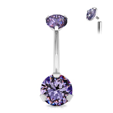 Titanium belly button ring with internal thread and stones.